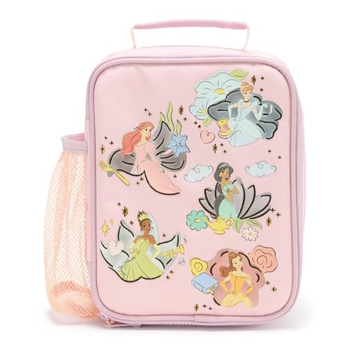 Disney Store Lancheira com isolamento de princesa oficial para crianças com bolso lateral de malha, design resistente à água, botões de fixação de mochila, etiqueta de nome interior, arte de tela da