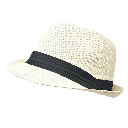 for Men Women Summer Fedora Panama Hat Trilby Cuban Straw Sun Hats Short Brim with Black Band (US Alpha Large X-Large Ivory)