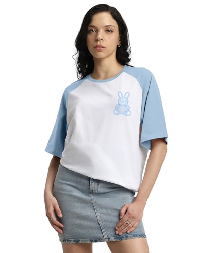 Image of JUNEBERRY 100% Pure Cotton Oversized Baggy Fit Drop Shoulder Round Neck Graphic Printed Raglan Sleeve T-Shirt for Women (Sizes: S to 2XL)