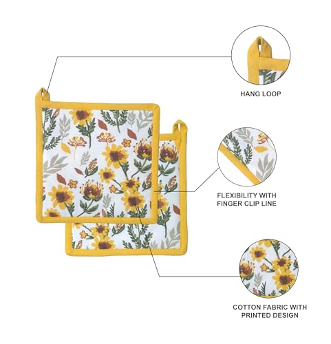 Image of Pixel Home Printed Apron with Centre Pocket Cotton with Glove and Pot Holder (Small Flower)