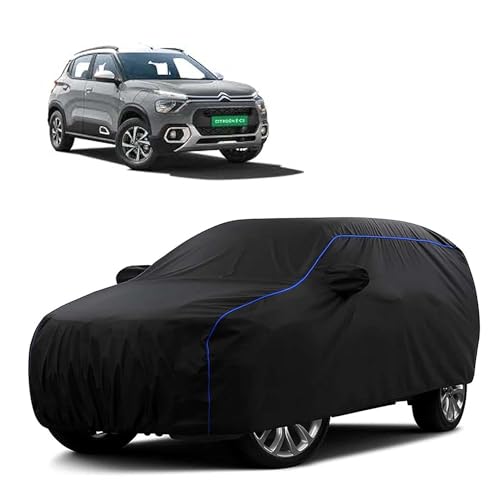 Image of Sulfar 100% Water Resistant Car Body Cover Compatible with Mirror for CITROEN E-C3 All Electric (Triple Stitched, Full Bottom Elastic, Black Tafetta with Blue Piping)