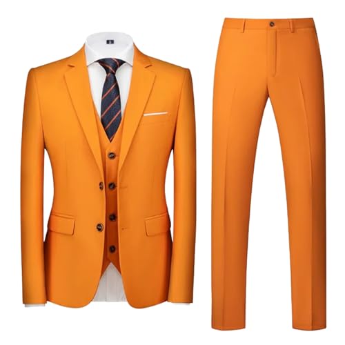 Men Fashionable Business Casual Two Button Jacket Vest Pants 3-Piece Suit Multiple Orange