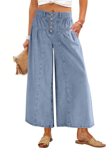ANRABESS Women’s Wide Leg Palazzo Jeans，Cropped Ankle Length，High Waist Baggy Barrel Denim Pants with Pockets Light Blue Large