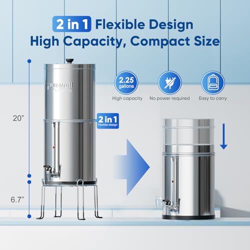Image of Purewell 8-Stage Gravity Fed Water Filter System, 2.25 Gallon Stainless Steel Countertop System with 4 Filters, Metal Water Level Spigot and Stand, Reduce Fluoride and Chlorine, PW-OBT-CF