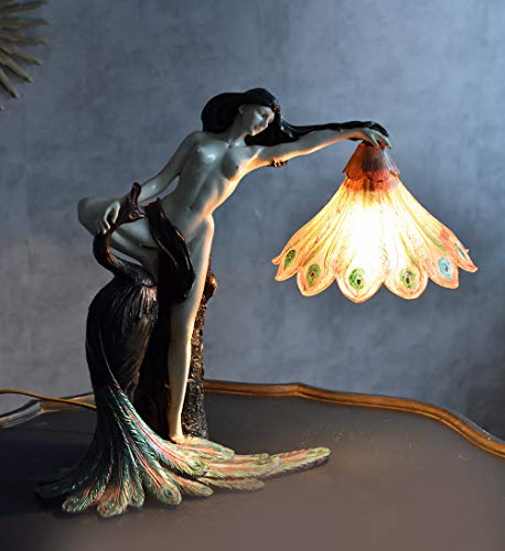 JUGENDSTIL PUR EXTRAVAGANTE TISCHLAMPE DAME MIT PFAU PALAZZO EXCLUSIV - 3