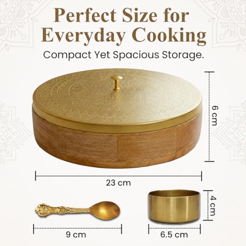 Image of SYPHER Wooden Masala Box with 7 Containers (120 ml Each) | Acacia Wood Masala Dabba for Kitchen | Traditional Indian Spice Box Organizer | Multipurpose Storage | Gift for Wedding & Housewarming