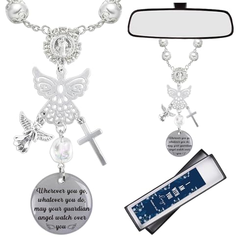 MOIZYNG Car Rosary for Rearview Mirror, Guardian Angel Cross Rear