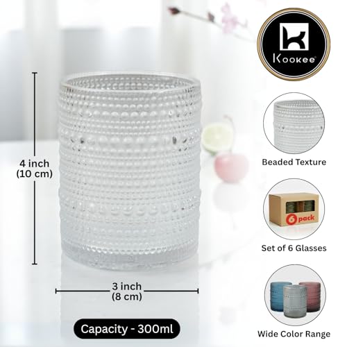 Image of Kookee Jupiter Vintage Hobnail Bubble Glass Double Old Fashioned Tumbler | Whiskey Cocktail Bourbon Glasses Set of 6 | Textured Beaded Barware 300ml (12117)