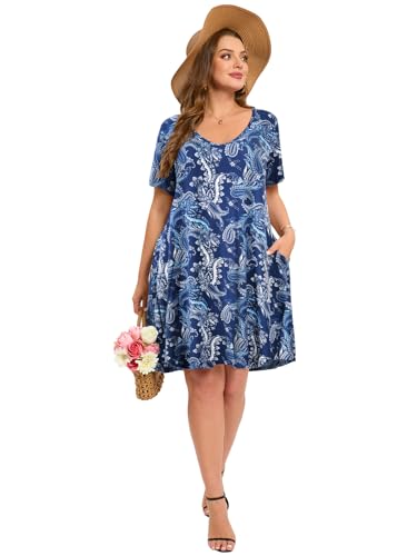 Image of ZENNILO Women's Plus Size Swing Dress with Pockets Casual Summer Dresses V Neck Short Sleeve T Shirt Dress for Women