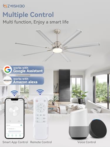 ZMISHIBO 72 inch Smart Aluminium Blade Ceiling Fans with Lights and Remote, Outdoor Large Ceiling Fans with Remote/Alexa/App for Patio Living Room, Nickel Ceiling Fan, 8 Blades