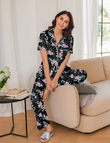 Image of Ekouaer Women Pajamas Set Button Down Sleepwear Short Sleeve Nightwear with Long Pants Soft Pjs Set S-XXL