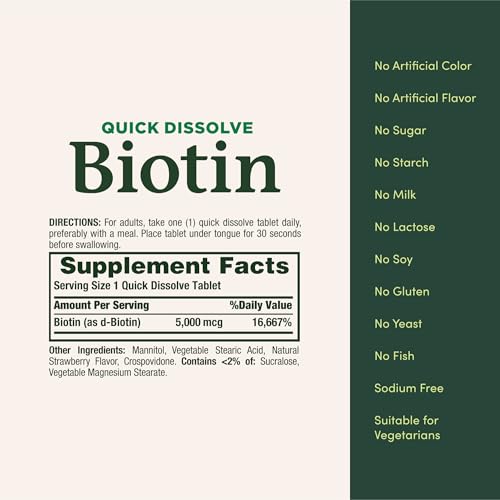 Nature's Bounty Biotin, Supports Metabolism for Cellular Energy and Healthy Hair, Skin, and Nails, 5000 mcg, 60 Quick Dissolve Tablets - Image 6