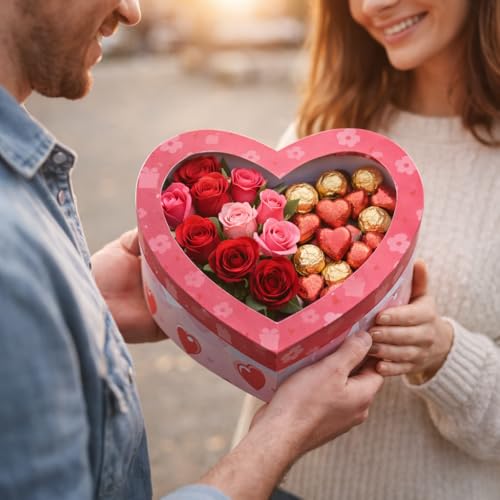 Image of Oasis Pack of 2 Heart Shaped Gift & Flower Hamper Boxes With Clear Lid | Classic Bouquet Box for Flower Arrangements & Gift Hampers | Decorative Gift Packaging Box - Pink Cupid Choice Heart
