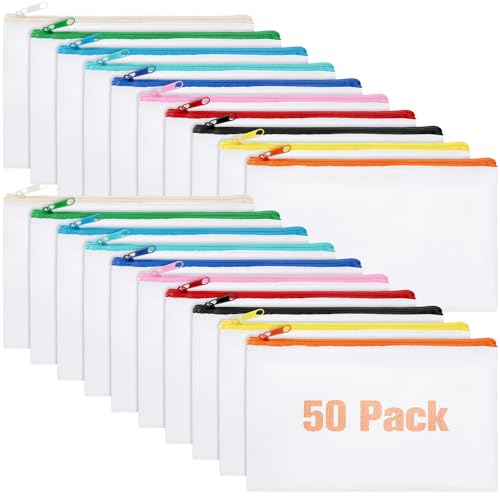 Image of Frienda 50 Pcs Canvas Zipper Pouch Bulk Gift Small Blank Pouch Makeup Bag Cosmetic Toiletry Bag Appreciation Gift for DIY Craft Projects Employee Coworkers Staff Team(White with Colorful Zipper)