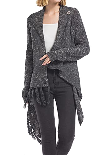 Image of Women's Open Front Knited Tassels Slash Loose Cardigan Crew Neck Speckled Fringe Sweater Outwear