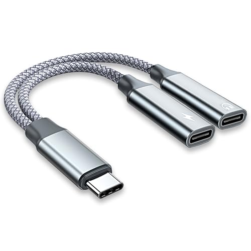 BIVOFU Adaptador Doble USB C Auriculares y Cargador PD 60W, Cable USB C Macho a Doble Hembra, 2 en 1 Splitter Type C a Audio 24 bit Compatible con iPhone 15/16 iPad Air/Pro Galaxy S24 S23 S22 S21
