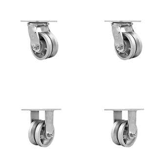 V Groove Semi Steel Cast Iron Swivel Top Plate Casters Set of 4 Heavy Duty with 4 Inch Wheels - Includes 2 Swivel and 2 Rigid 3,200 lbs. Total Capacity - Service Caster Brand