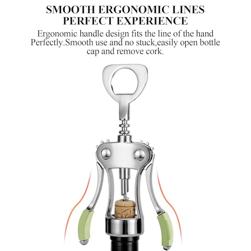 Image of KORCCI Wine Opener, Heavy-Duty Zinc Alloy Wing Corkscrew, Premium Beer Bottle Opener, Multifunctional Wine Accessories with Ergonomic Handle and Sharp Screw, for Kitchen, Bar, Restaurant (GREEN)