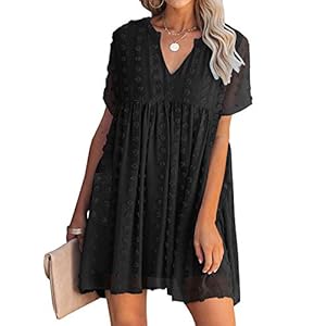 MIHOLL Womens Mini Dress V Neck Short Sleeve Ruffle Loose 2023 Summer Casual Flowy Dresses with Pockets