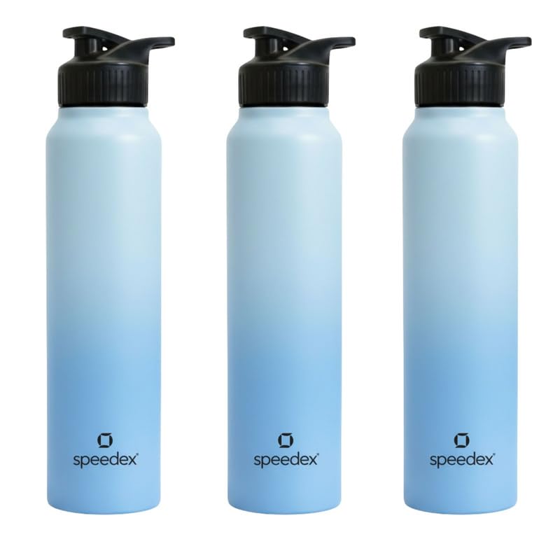 Image of Speedex Stainless Steel Metal Water Bottle 1 Ltr 1000 ml, BIS Approved, Leak Proof Sipper Cap Bottle for Office, School, Gym, Travel, Daily Use for Men, Women, Kids, Adults, Dual Blue, Set of 3