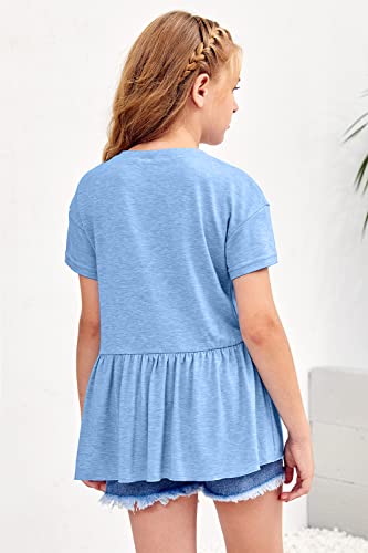 Image of Ebifin Girls Short Sleeve Tops Kids Peplum Babydoll T Shirts Tees 4-15Y | Girls T-Shirts, Crew neck Short Sleeve Shirts, Casual Tunic Tops, Cute Blouses, Summer Tees, Ruffle Hem, Loose fit