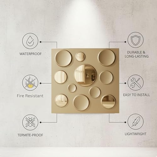 Image of Kayra Decor 3D PVC Wall Panels - Circle Embossed Design, Mirror Gold Color, 19.7 inch x 19.7 inch (Pack of 18) | Covers 42.28 Sq. Ft. |