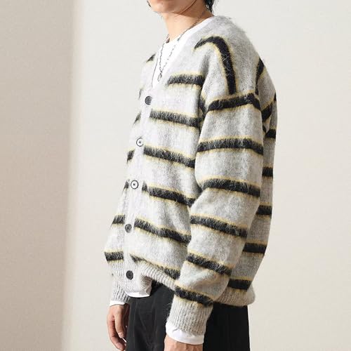 Men's Vintage Stripe Print Cardigan Sweater Long Sleeve V Neck Streetwear Sweater Knit Loose Fit Casual Sweaters 5