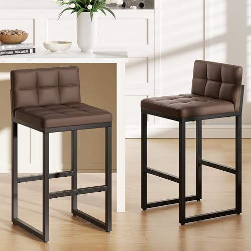 Image of Brown 24 inch Bar Stools Set of 2, Modern Faux Leather Counter Height Bar Stools with Low Back and Footrest, Sturdy Thickened Metal Leg, Upholstered Kitchen Bar Chairs for Island