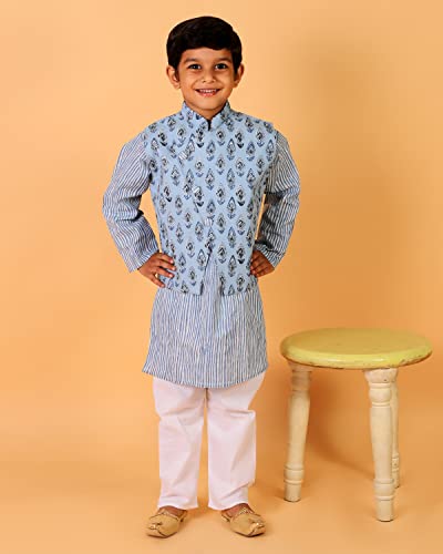 Image of The Mom Store Boys Printed Cotton Kurta Pajama Set With Jacket | Soft And Comfortable Ethnic Wear For Baby /Kids Boys | Full Sleeves Kurta Pyjama Set | Traditional Indian Outfit