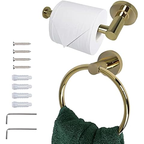 MEGAVOW 2 Pieces Gold Bathroom Accessory Set - Towel Roll Holder and Towel Ring Sets SUS304 Stainless Steel Wall Mounted Ideal for Bath/Hotel/Kitchen Cover