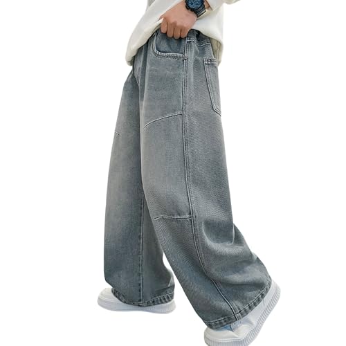 Rolanko Boys Baggy Jeans Wide Leg Elastic Waist Denim Pants Loose Fit Trousers Vintage Y2K Streetwear (LightBlue Base 14-16)