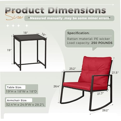 SUNCROWN 3 Piece Outdoor Rocking Bistro Set Black Wicker Furniture Porch Chairs Conversation Sets with Glass Coffee Table, Red