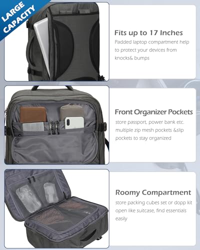 Hynes Eagle 44L Carry on Backpack Airline Approved Travel Backpack for Men Women Large Laptop Backpack 17 inch Nylon Backpack Overnight Weekender Duffel Bag Grey with 3PCS Packing Cubes4