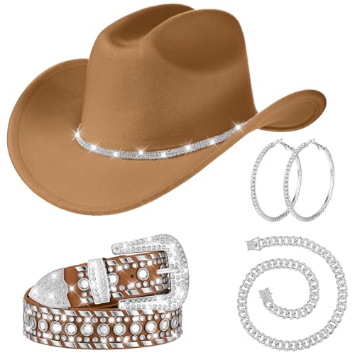 Image of Tisancy 4 Pcs Rhinestone Belt for Men Women Glitter Cowboy Hat Diamond Chain Earring Outfit for Party Supplies
