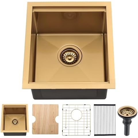 WMXQX 16 Inch Gold Bar Sink Undermount Workstation,16x19 Small Gold Kitchen Sink Stainless Steel Kitchen Bar Sink Wet Bar Prep Sink 18 Gauge Single Bowl Bar Sink with Cutting Board Cover