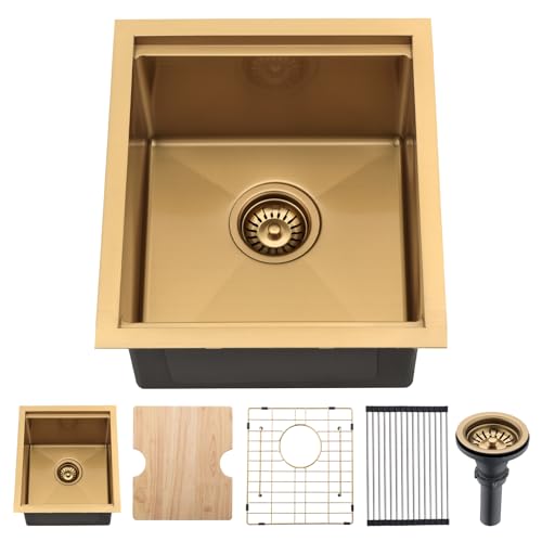 Image of WMXQX Gold Undermount Bar Sink Workstation,16x19 Small Kitchen Sink Brushed Gold Bar Sinks Undermount 18 Gauge Single Bowl Stainless Steel Kitchen Sinks with Cutting Board