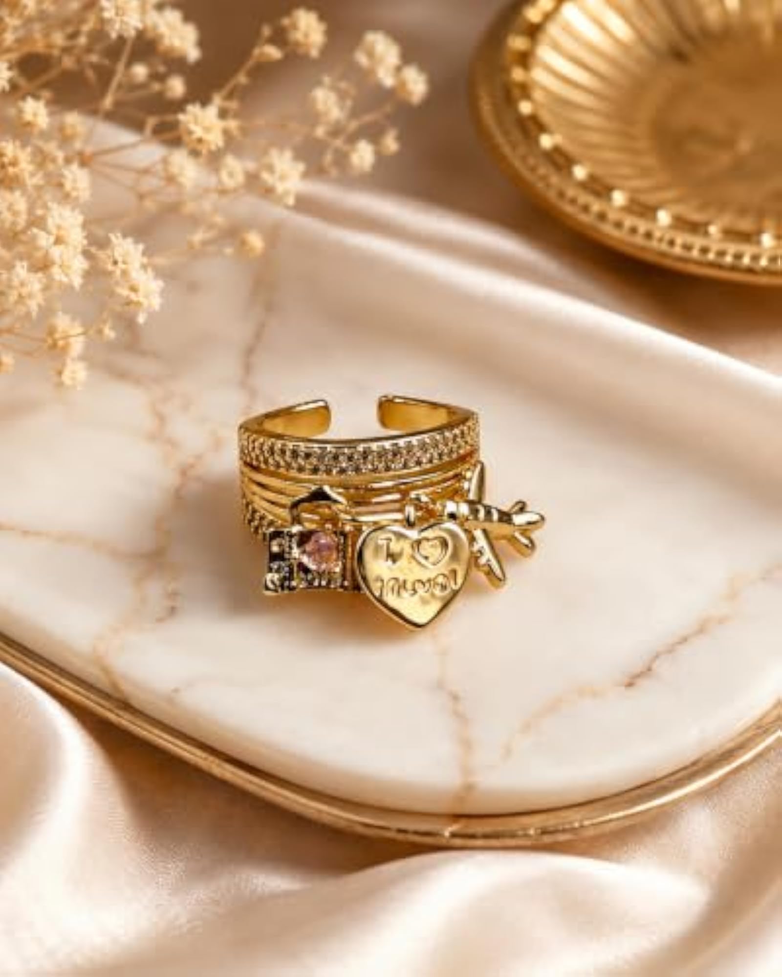 Adjustable Gold Plated Charm Ring for Women with Heart Lock & Pink Stone