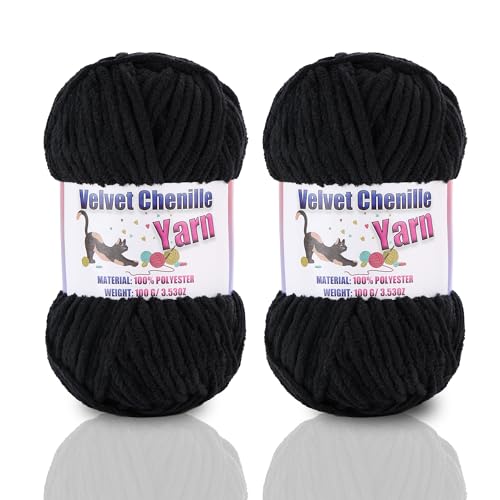 Image of 2 * 100g /3.5oz Fluffy Chenille Yarn for Crocheting, Chunky Velvet Yarn for Crochet Amigurumi, Used for Making Baby Yarns Blanket, Clothes, Pattern Knitting Creations (Black)