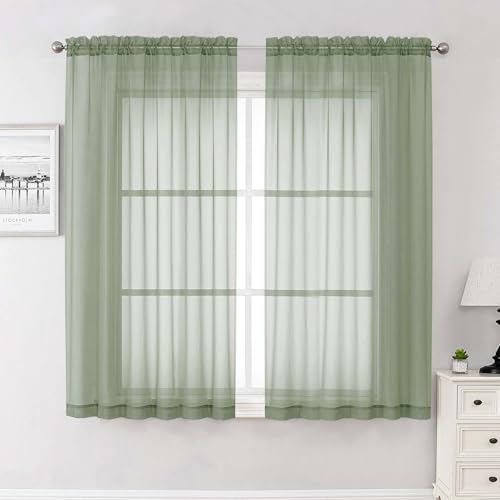 Lecloud Sage Green Sheer Curtains 63 Inch Length 2 Pcs, Dual Rod Pockets Light Filtering Window Curtains for Bedroom, Farmhouse Voile Solid Drapes for Living Room Bathroom, Each Panel 59" W x 63" L