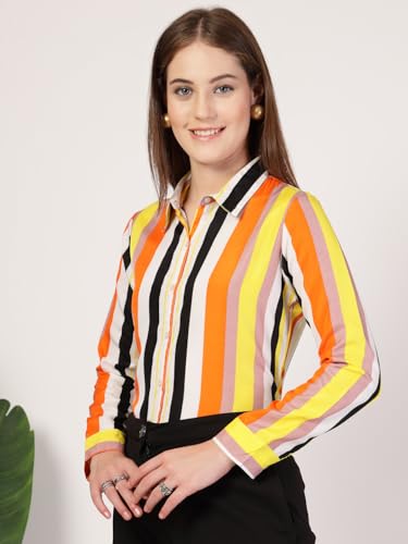 Image of Style Quotient Women Beige White Stripe Printed Formal Shirt