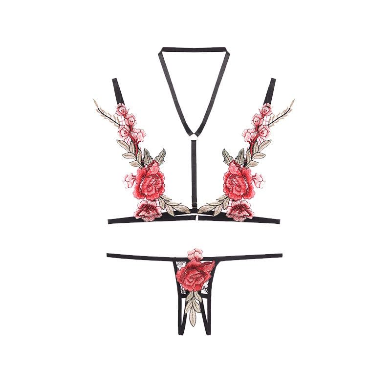 Image of Xivir Floral Embroidered Strappy Lingerie Set with Rose Applique, Black and Red, 2 Piece