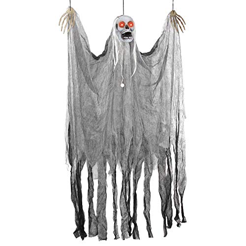 Halloween Haunters Animated Hanging Scary Shaking Skull Reaper Door or Wall Curtain Prop Decoration - Red LED Flashing Eyes, Screams, Moans, Laughs - Haunted House, Graveyard, Tree, Entryway Display