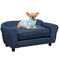 Pawhut Linen Pet Sofa Couch Dog Bed Cat Kitten Mat Wood Frame Metal Studding Removable Cushion Blue 74 x 41 x 32.5 cm
