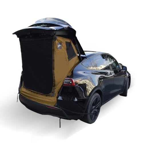 RXQNN Tesla Model Y Trunk Camping Tent (2020-2025), Tailgate Tent for SUV with Enhanced Privacy & Ventilation,Compact Car Sun Shelter Waterproof 3000 MM UPF 50+ (Brown)