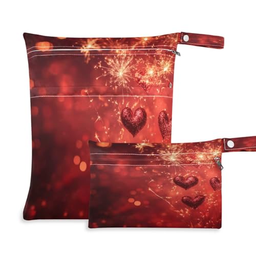 Takiito Red Heart Fireworks 2 Pcs Wet Dry Bags for Cloth Diapers, Waterproof & Reusable Wet Bag for Nursery Beach Pool Gym with Two Zippered Pockets