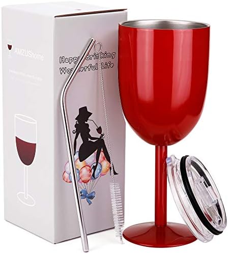 AMZUShome Stainless Steel Wine Glasses Cups.Double Walled Vacuum Insulated Wine Tumbler With Lid and Straw.Friendship,Christmas,Birthday Gifts for Women Men Friends Dad Mom(10oz Red)