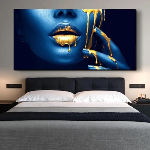 Toile femme africaine lèvres dorées habillant un grand mur vide de salon moderne 80x160 cm