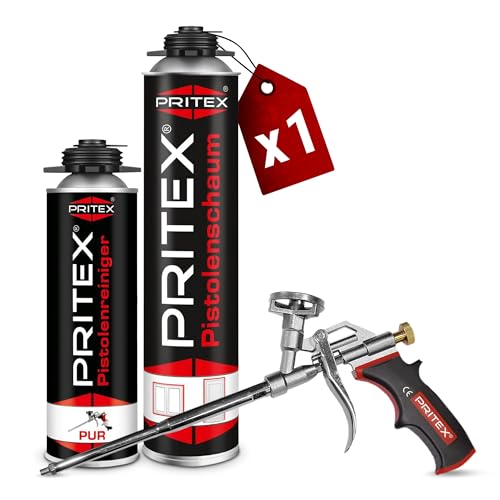 PRITEX – Bauschaum Set 1 x 750 ml Pistolenschaum inkl. Pistolenreiniger 500 ml und Schaumpistole – Montageschaum zum Verfüllen, Dämmen & Abdichten – PU-Schaum mit hervorragender Schall- & Wärmedämmung