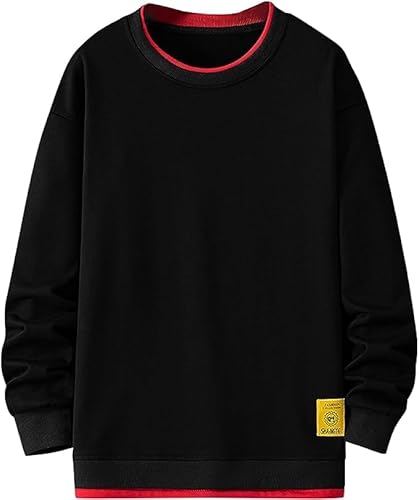 GIJOVANA Pullover Men's Sweatshirt Without Hood Basic Contrast Long Sleeve Streetwear Sweater with Double Hem Unisex Crew Neck, black, S