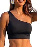 Holipick Black Women One Shoulder Bikini Tops Only Bathing Suit Top Sports Bra Swim Tops Longline Crop Top for Teen Girls L